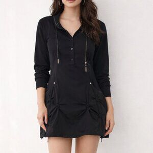 Tribal Woman's pullover black jacket dress with ruched detail and pockets